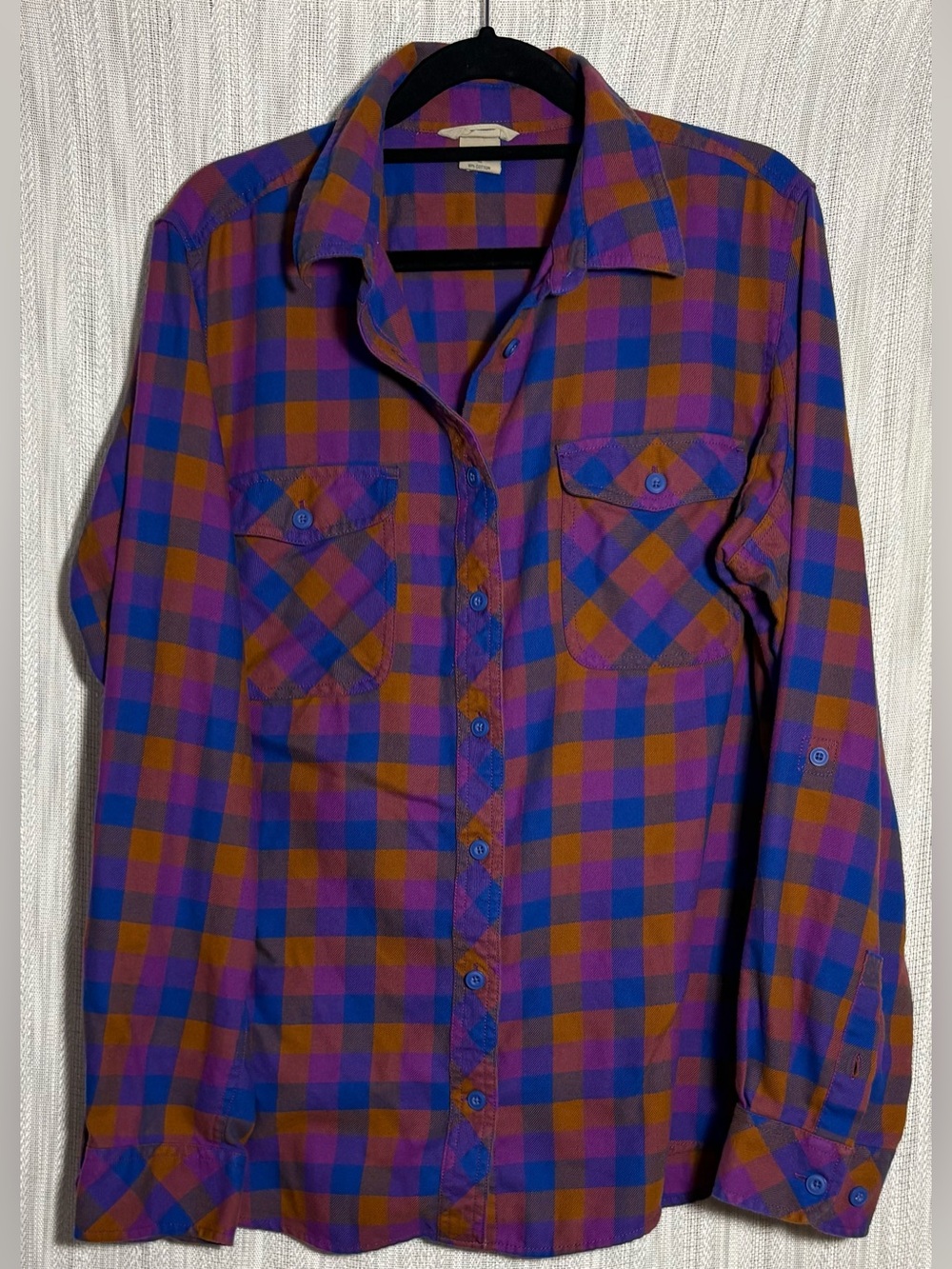 Duluth Trading Co Purple Blue Brown Plaid Button-Down Shirt